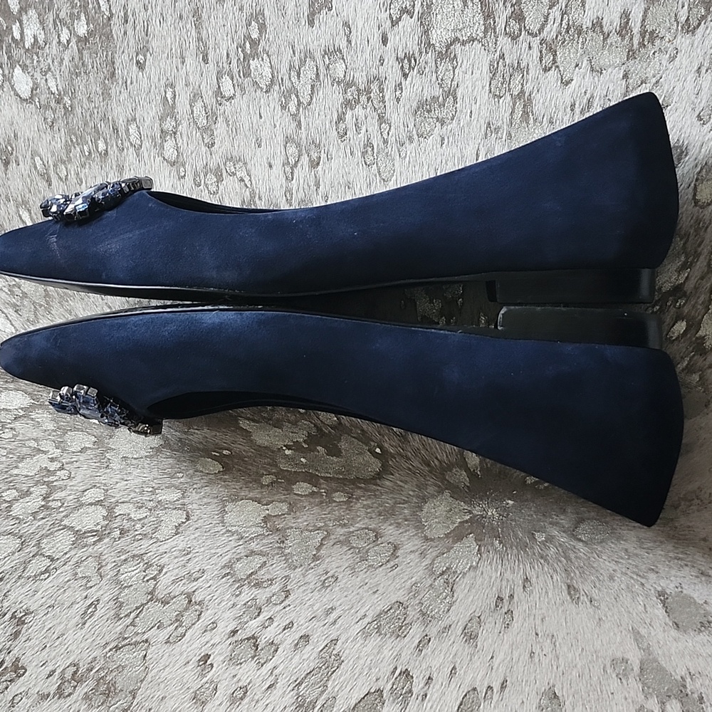 Schutz Navy Blue 100% Leather & Jewel Embellishment Flats Sz38 - Picture 6 of 8